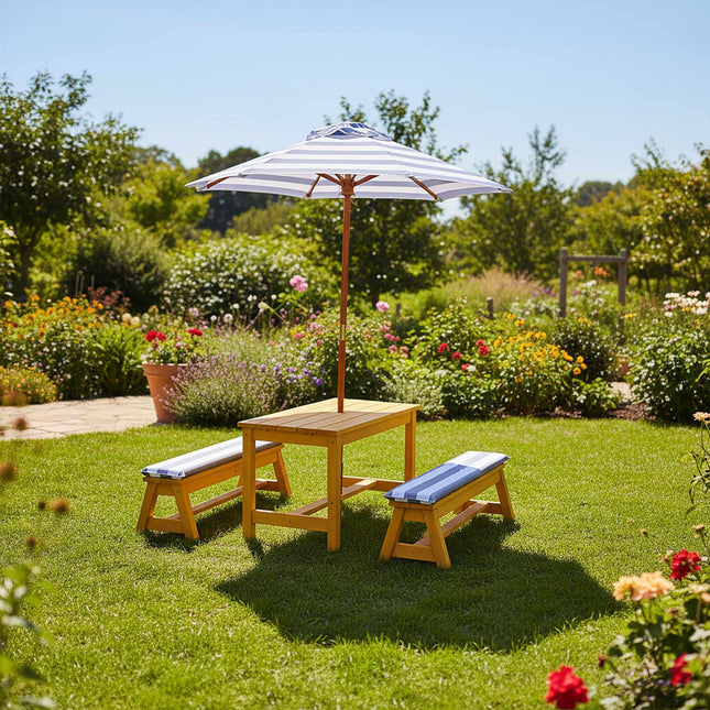 Kids' Picnic Table Set with Parasol and Cushions