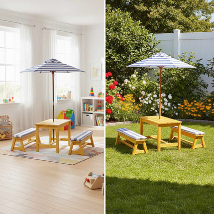 Kids' Picnic Table Set with Parasol and Cushions