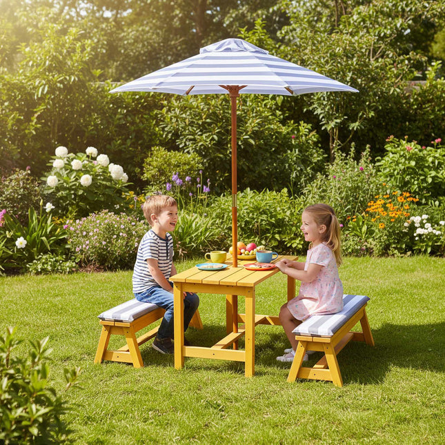 Kids' Picnic Table Set with Parasol and Cushions