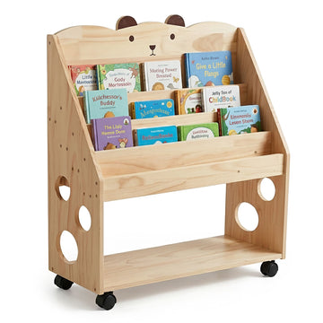 Kids' Pine Wood Bookcase with Castors, Natural Finish