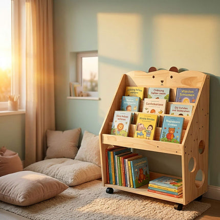 Kids' Pine Wood Bookcase with Castors, Natural Finish