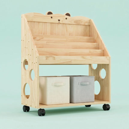 Kids' Pine Wood Bookcase with Castors, Natural Finish