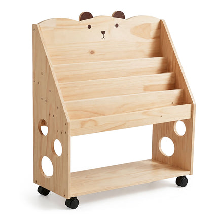Kids' Pine Wood Bookcase with Castors, Natural Finish