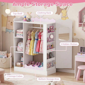 Kids Pink Dress Up Storage with Mirror and Hanging Rack