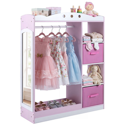 Kids Pink Dress Up Storage with Mirror and Shelves