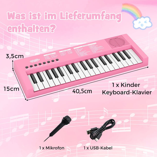 Kids' Pink Keyboard Piano, 37 Keys, 8 Rhythms, USB & Battery