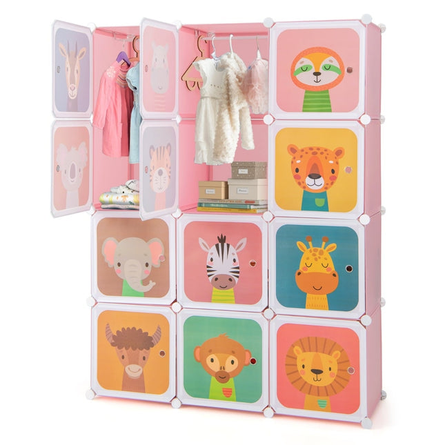 Kids Plastic Wardrobe with 12 Cubes and Doors, Pink