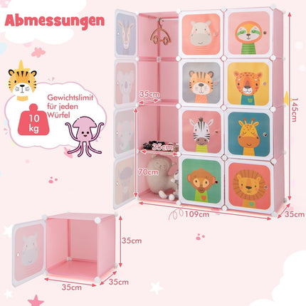 Kids Plastic Wardrobe with 12 Cubes and Doors, Pink