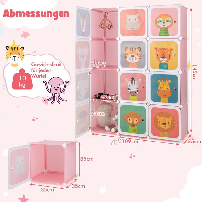 Kids Plastic Wardrobe with 12 Cubes and Doors, Pink