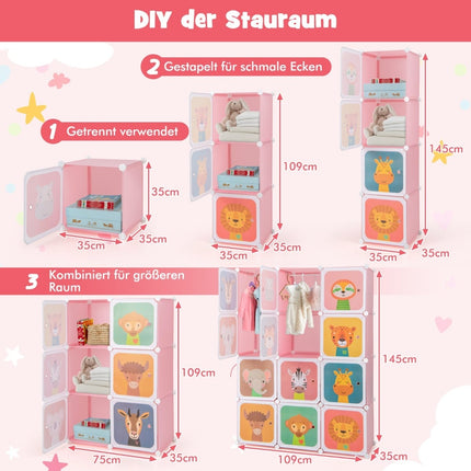 Kids Plastic Wardrobe with 12 Cubes and Doors, Pink