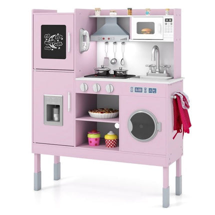 Kids Play Kitchen Set, Adjustable Height, 16 Pieces, Pink