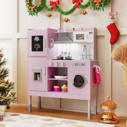 Kids Play Kitchen Set, Adjustable Height, 16 Pieces, Pink