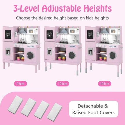Kids Play Kitchen Set, Adjustable Height, 16 Pieces, Pink