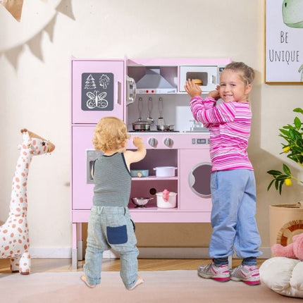 Kids Play Kitchen Set, Adjustable Height, 16 Pieces, Pink