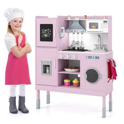Kids Play Kitchen Set, Adjustable Height, 16 Pieces, Pink