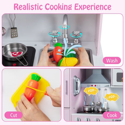 Kids Play Kitchen Set, Adjustable Height, 16 Pieces, Pink