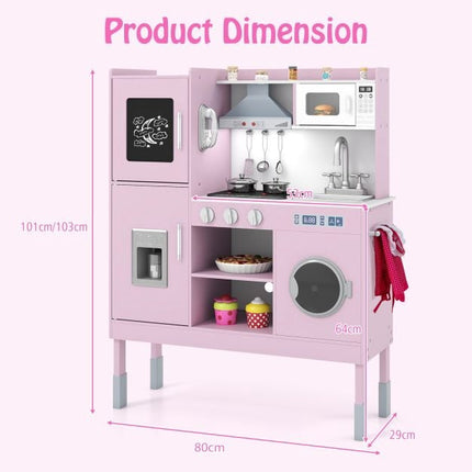 Kids Play Kitchen Set, Adjustable Height, 16 Pieces, Pink