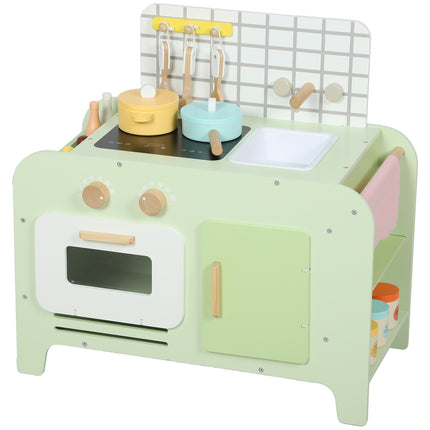 Kids Play Kitchen Set, MDF, 15 Accessories, Green, 40 cm