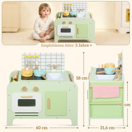 Kids Play Kitchen Set, MDF, 15 Accessories, Green, 40 cm
