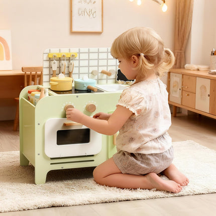 Kids Play Kitchen Set, MDF, 15 Accessories, Green, 40 cm