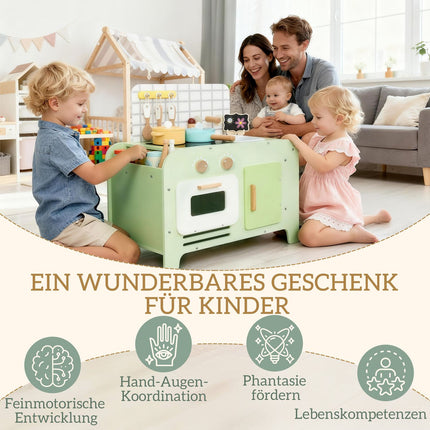 Kids Play Kitchen Set, MDF, 15 Accessories, Green, 40 cm