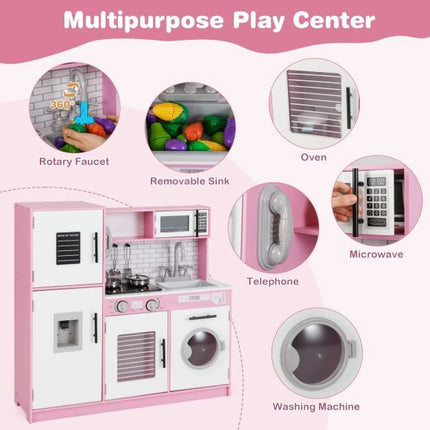 Kids Play Kitchen Set – Oven, Washing Machine, Lights, Pink