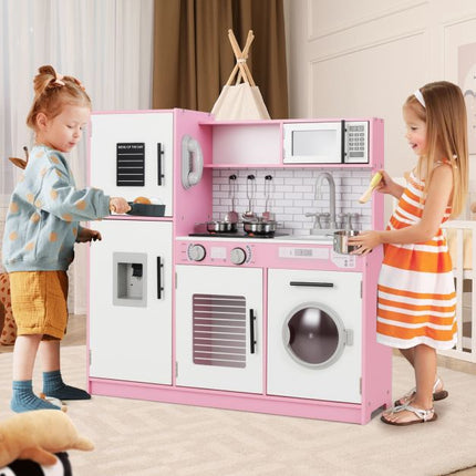 Kids Play Kitchen Set – Oven, Washing Machine, Lights, Pink