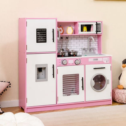 Kids Play Kitchen Set – Oven, Washing Machine, Lights, Pink