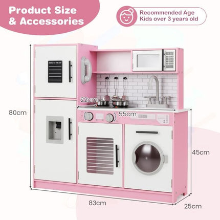 Kids Play Kitchen Set – Oven, Washing Machine, Lights, Pink