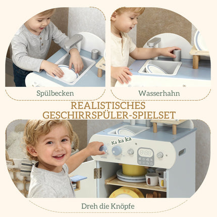 Kids Play Kitchen Set, Wooden Dishwasher, 32 Accessories, MDF