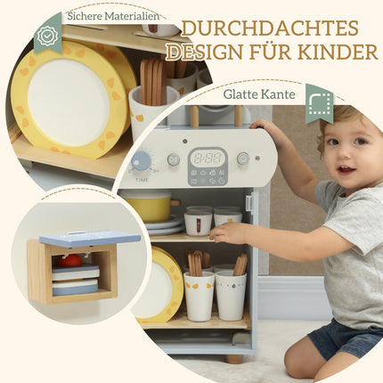 Kids Play Kitchen Set, Wooden Dishwasher, 32 Accessories, MDF