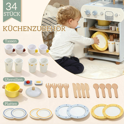 Kids Play Kitchen Set, Wooden Dishwasher, 32 Accessories, MDF