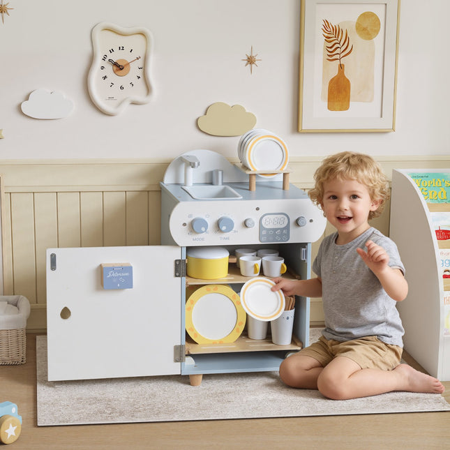 Kids Play Kitchen Set, Wooden Dishwasher, 32 Accessories, MDF