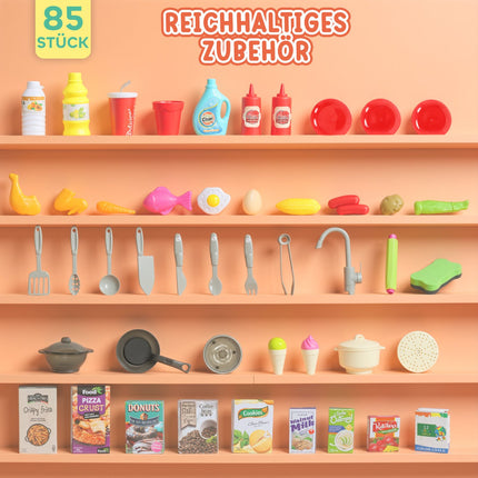 Kids Play Kitchen Set with Water, Lights, Sounds, 85 Pieces