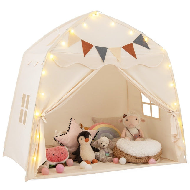 Kids Play Tent with Flags & Lights, Large Beige Playhouse