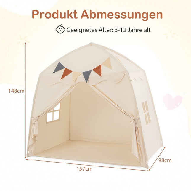 Kids Play Tent with Flags & Lights, Large Beige Playhouse