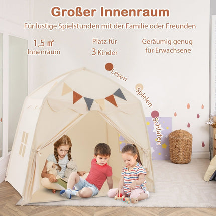 Kids Play Tent with Flags & Lights, Large Beige Playhouse