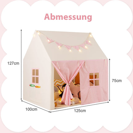 Kids Play Tent with Mat, Lights, and Flag Banner – Pink