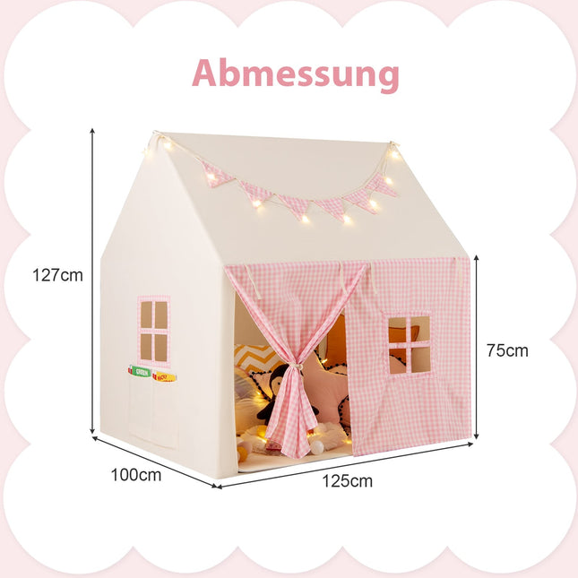 Kids Play Tent with Mat, Lights, and Flag Banner – Pink