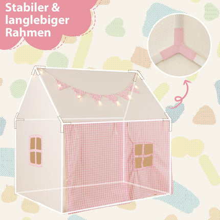 Kids Play Tent with Mat, Lights, and Flag Banner – Pink