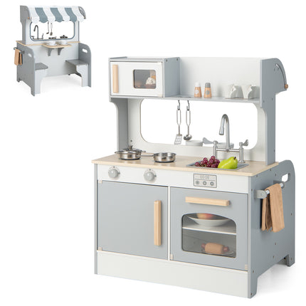 Kids Pretend Kitchen Playset – Double-Sided, 2-Seat Cafe, Gray