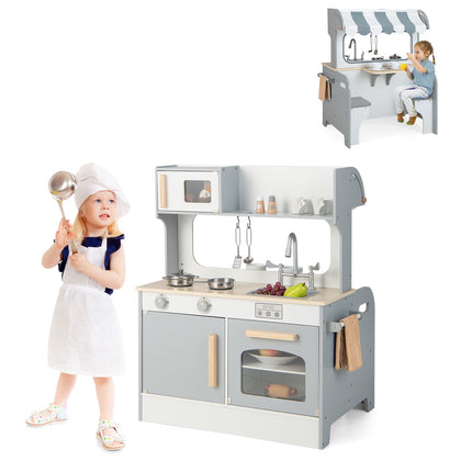 Kids Pretend Kitchen Playset – Double-Sided, 2-Seat Cafe, Gray