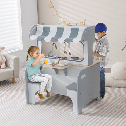 Kids Pretend Kitchen Playset – Double-Sided, 2-Seat Cafe, Gray