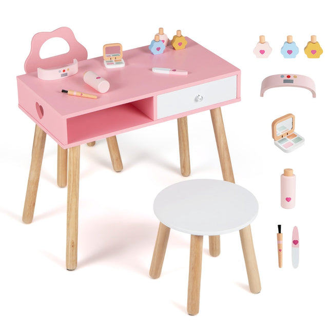Kids Pretend Nail Salon Playset – Wooden Desk, Chair, Stool