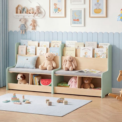 Kids Reading Nook Bench, Bookshelf and 2 Cubby Storage