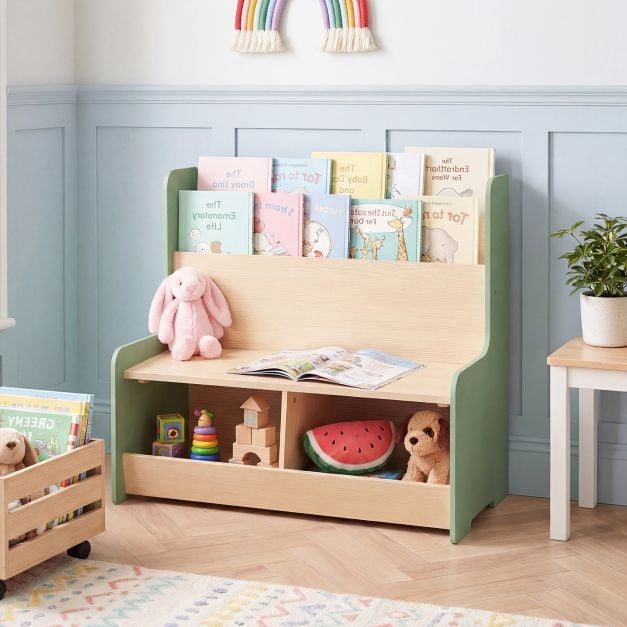 Kids Reading Nook Bench, Bookshelf and 2 Cubby Storage