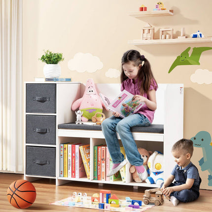 Kids Reading Nook Bench With Cushion, 6 Cubby, 3 Drawer