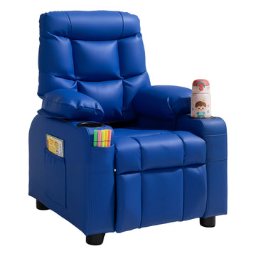 Kids Recliner Chair, PU Leather, Cup Holders, Footrest, Blue