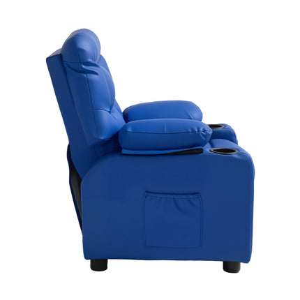 Kids Recliner Chair, PU Leather, Cup Holders, Footrest, Blue