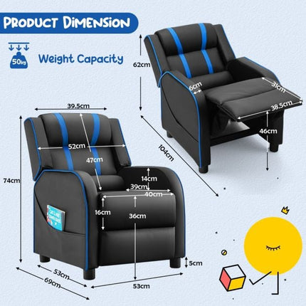 Kids Recliner Chair With Footrest, Side Pockets, Blue